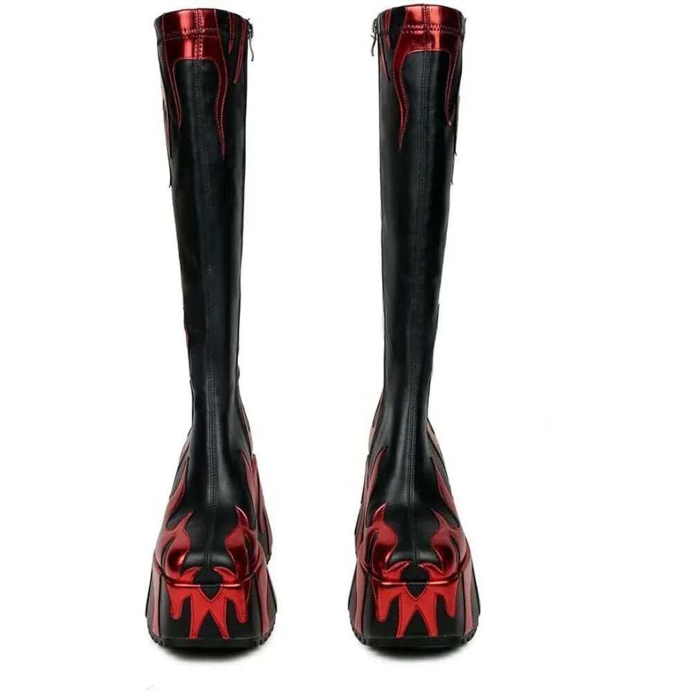 Women’s Synthetic Red Side Zipper High Heeled Flames Printing Chunky Sole Boot